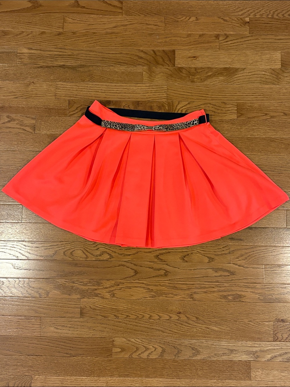 Charlotte Russe | Neon Orange Pleated Circle Skirt Mini Size Large Leopard Belt
